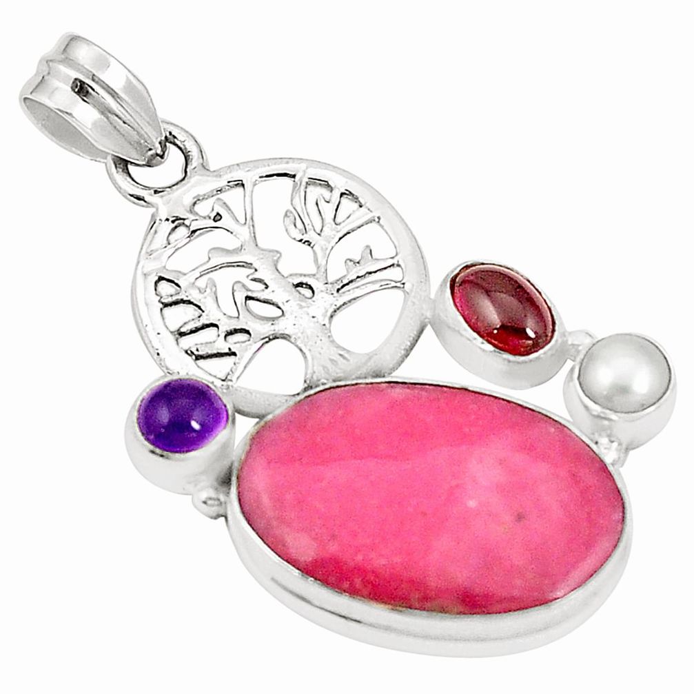 Natural pink rhodonite in black manganese 925 silver tree of life pendant m41886