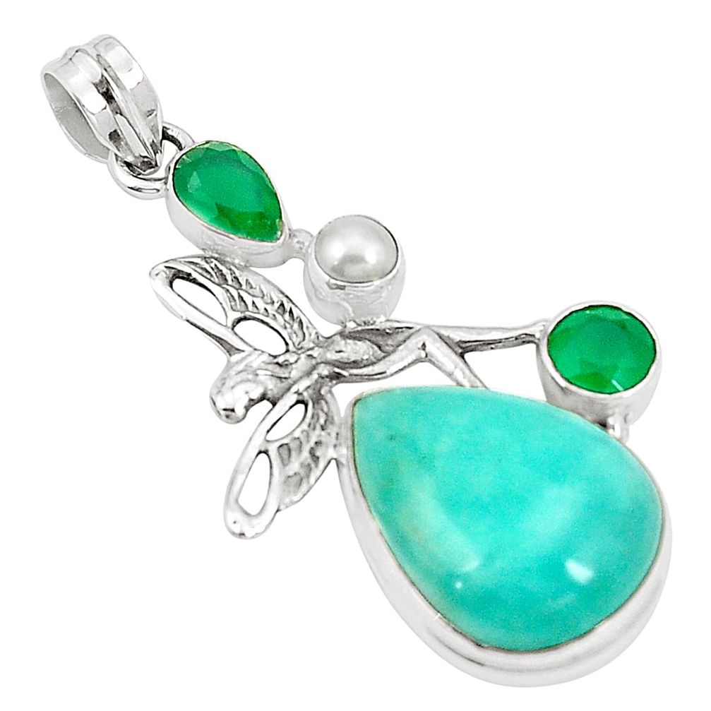 Natural green amazonite (hope stone) 925 silver angel wings fairy pendant m41887
