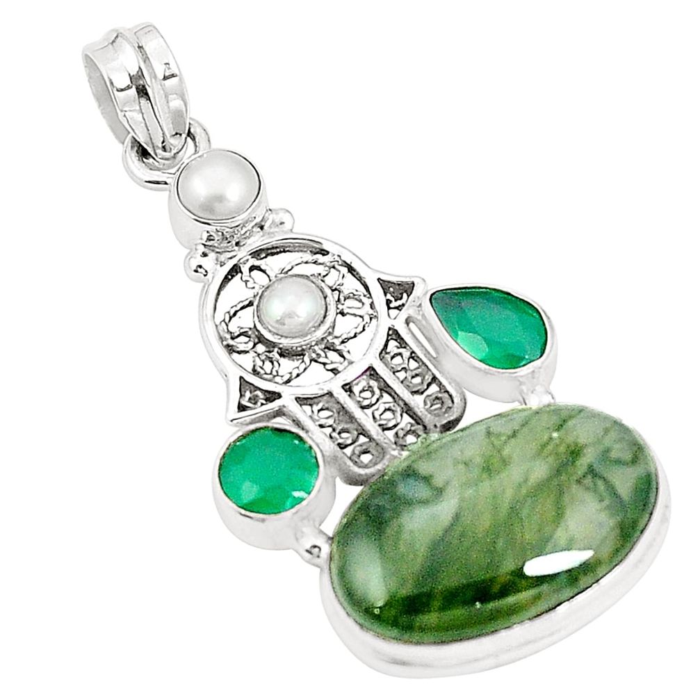 925 silver natural green moss agate hand of god hamsa pendant m41896