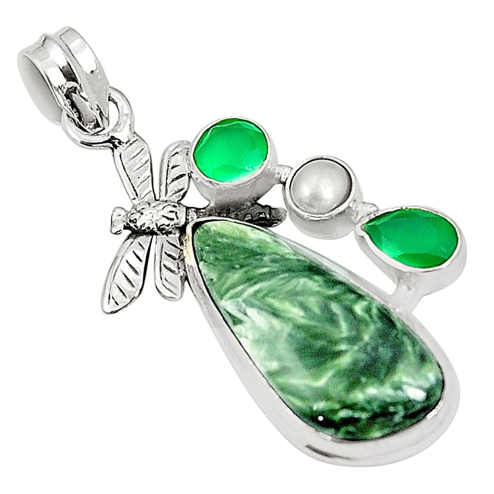 Natural green seraphinite (russian) pearl 925 silver dragonfly pendant m41900