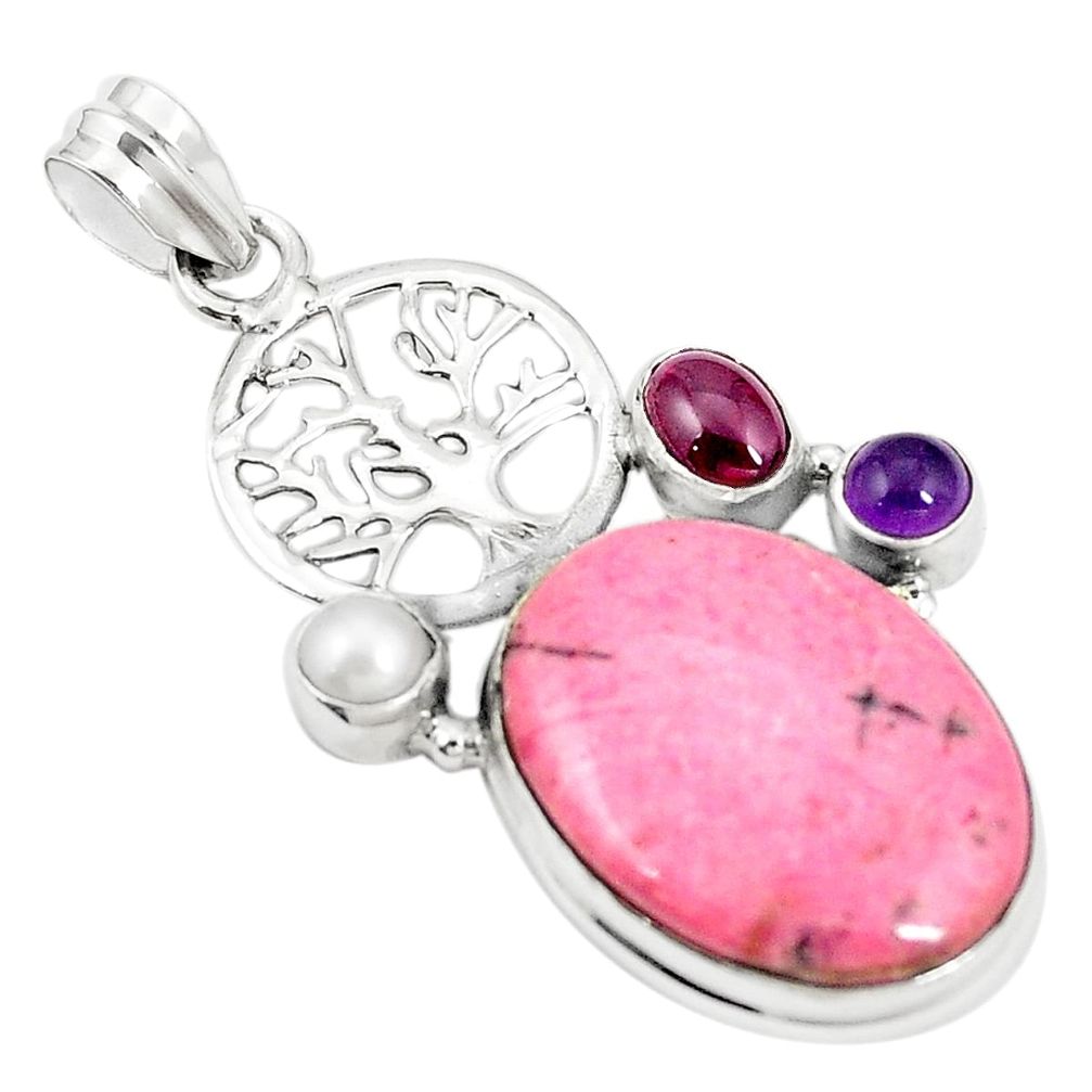 Natural pink rhodonite in black manganese 925 silver tree of life pendant m41902