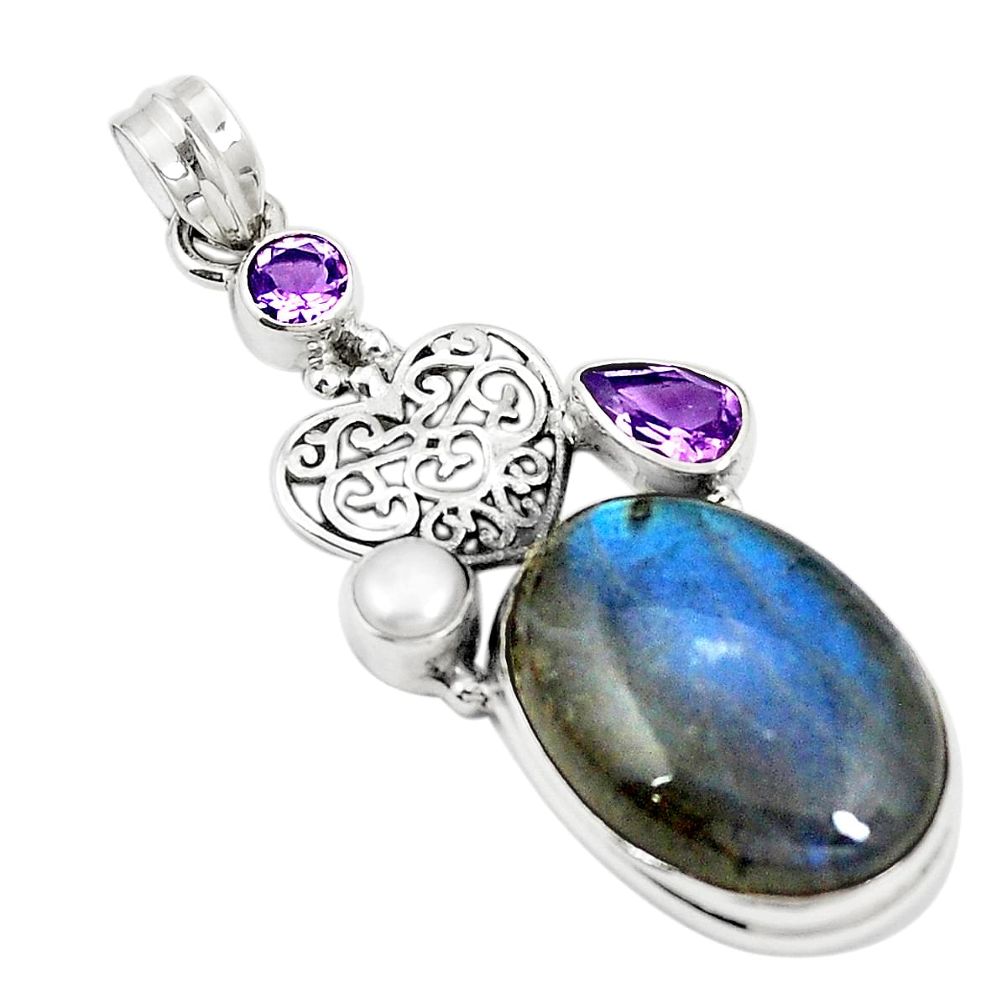 Natural blue labradorite amethyst 925 sterling silver pendant m41912