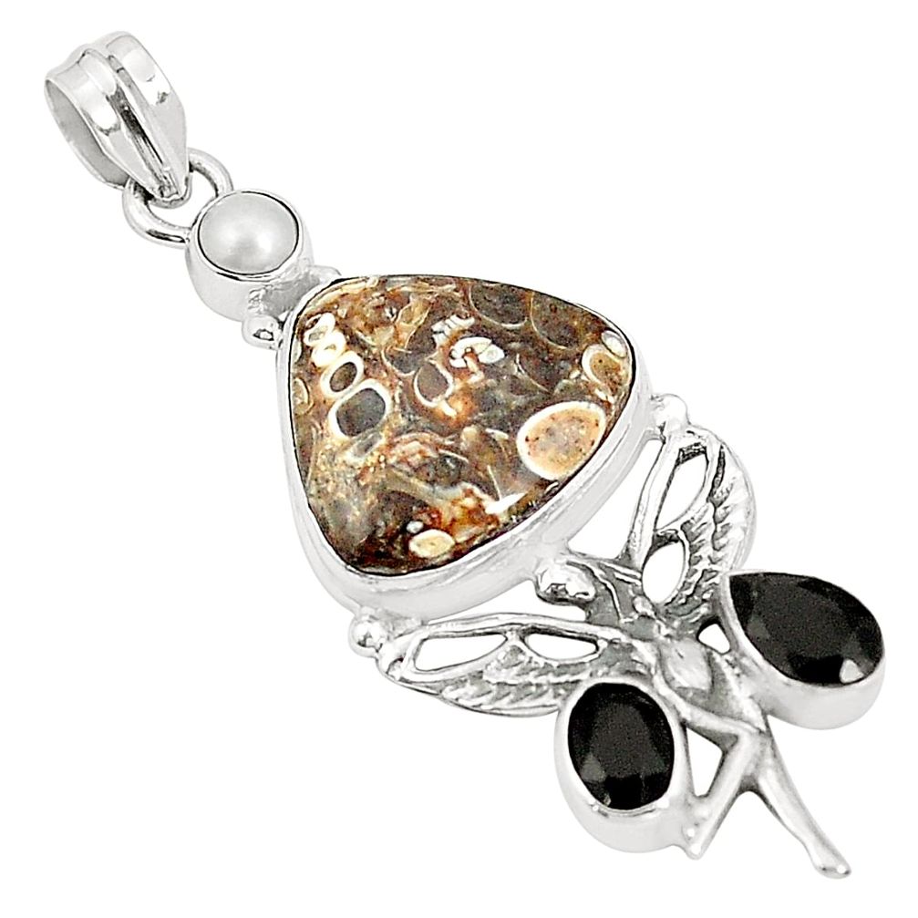 Brown turritella fossil snail agate 925 silver angel wings fairy pendant m41934