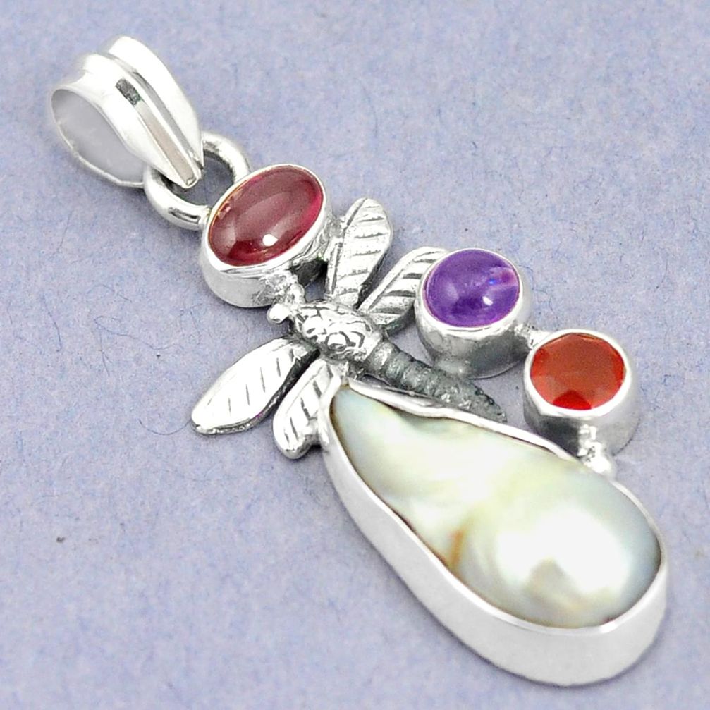 Natural white pearl cornelian (carnelian) 925 silver dragonfly pendant m41988