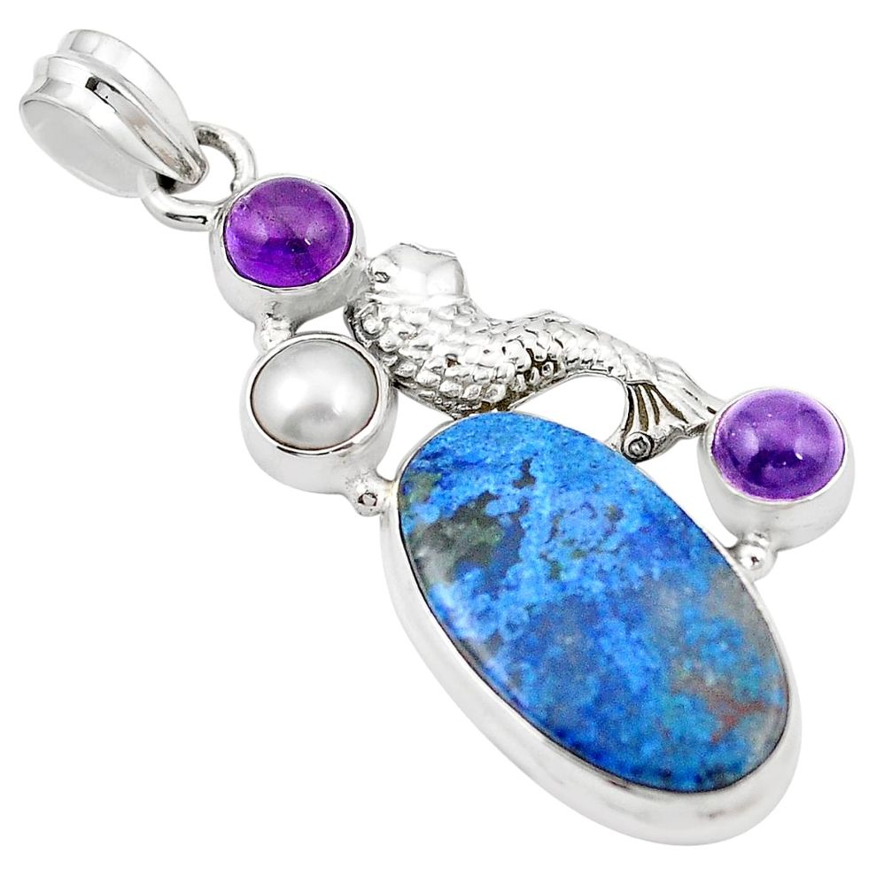 Natural blue shattuckite amethyst pearl 925 silver fish pendant m43507