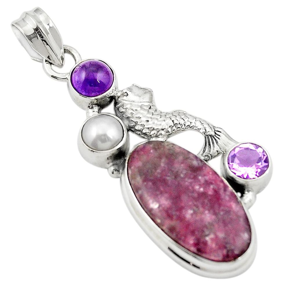 925 silver natural purple lepidolite amethyst pearl fish pendant m43524