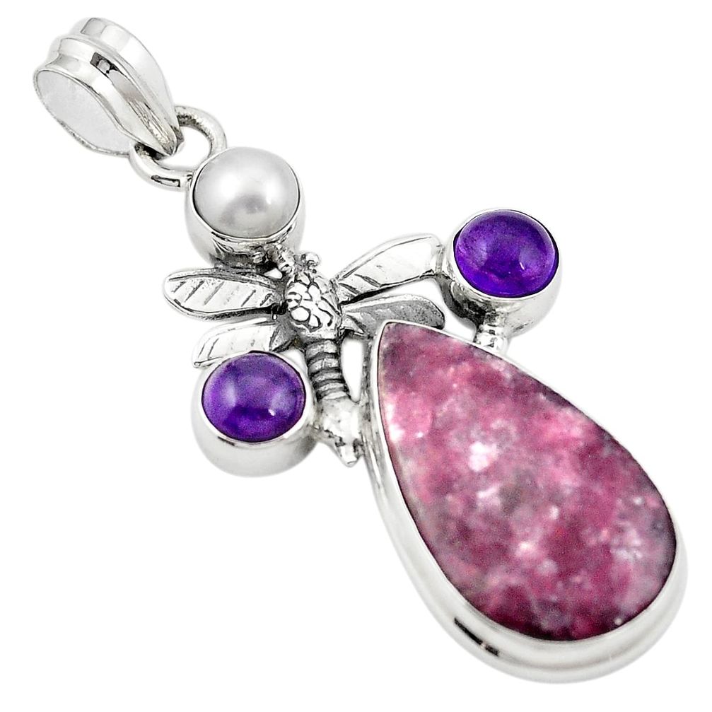 925 silver natural purple lepidolite amethyst pearl dragonfly pendant m43540