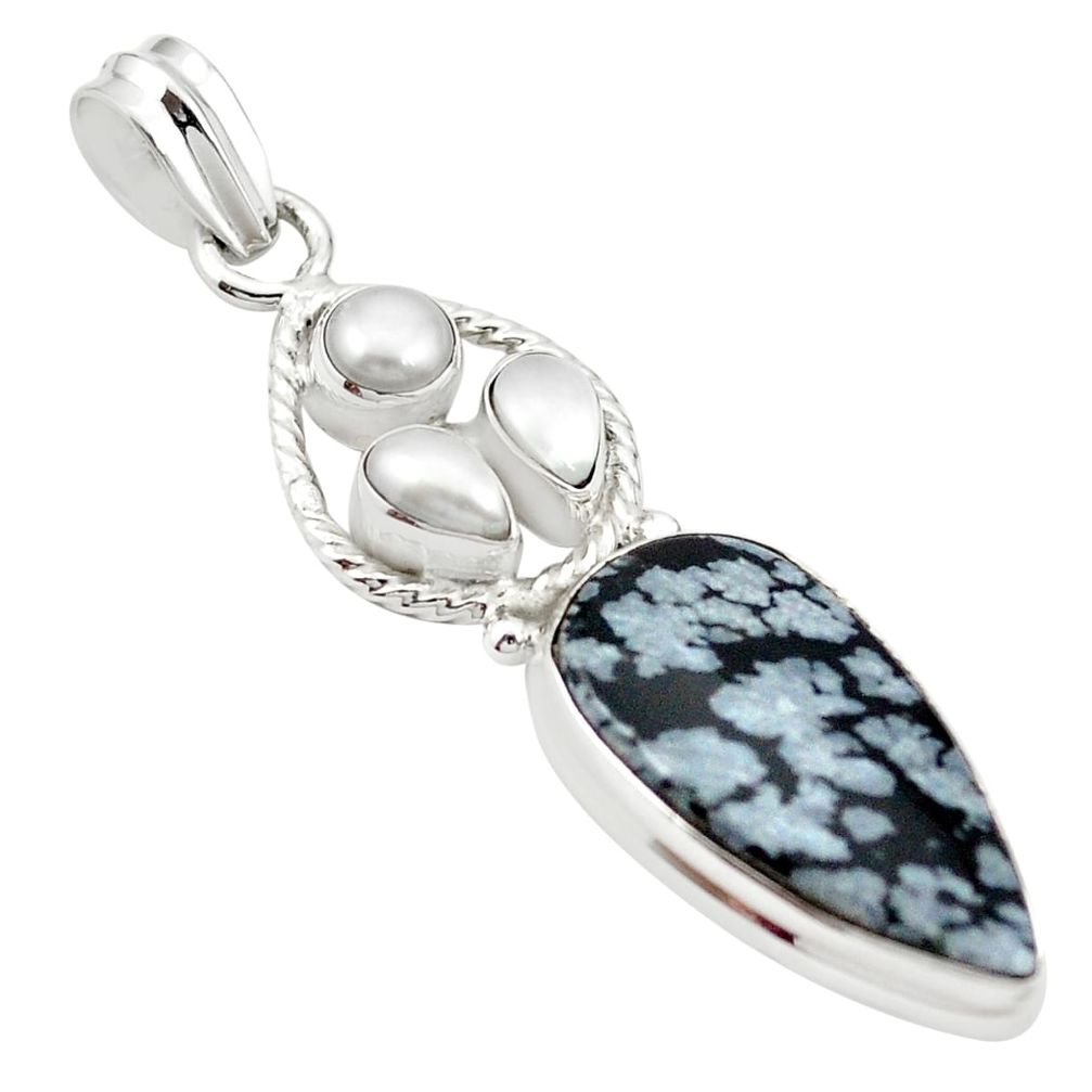 925 silver natural black australian obsidian white pearl pendant m43551