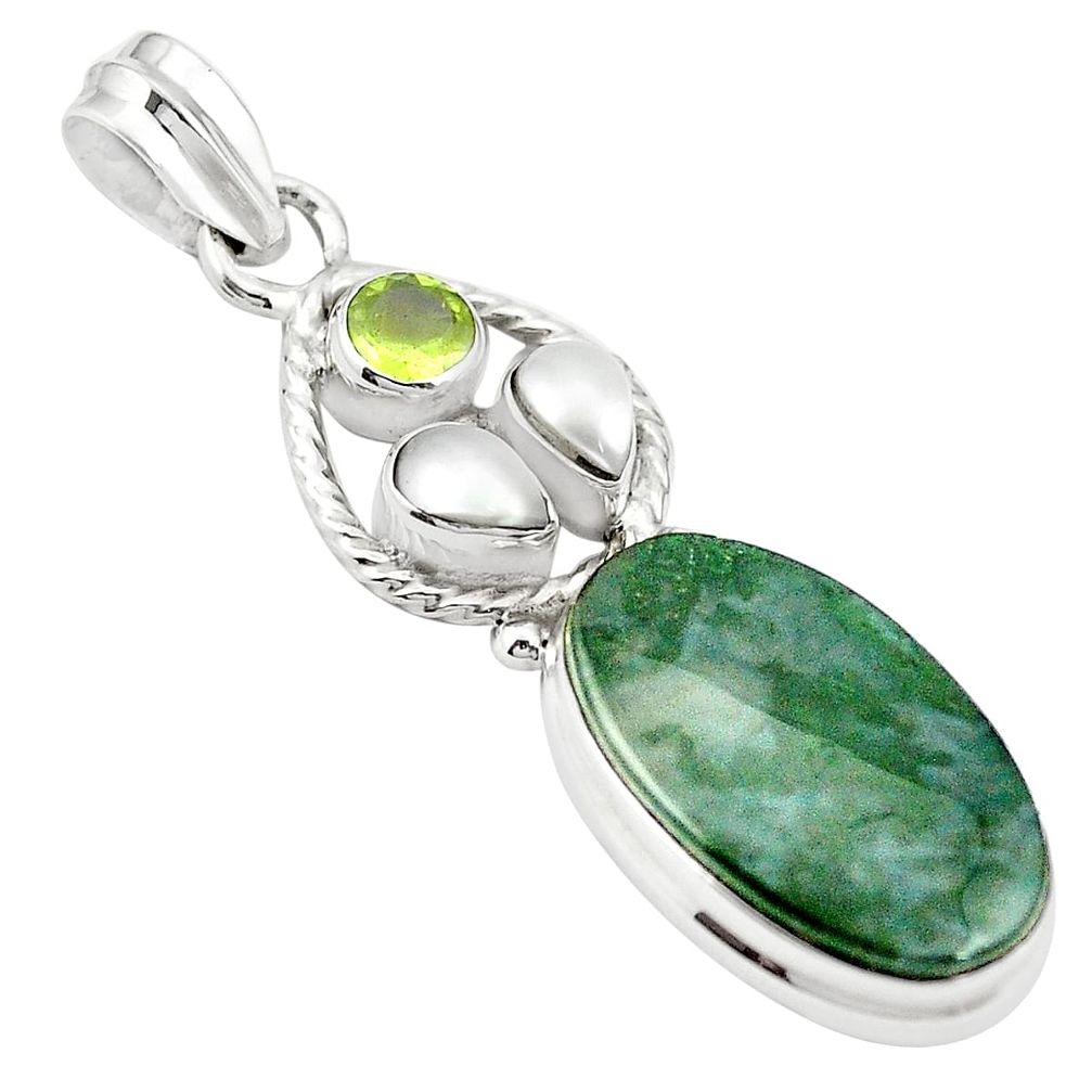 Natural green moss agate peridot pearl 925 sterling silver pendant m43553