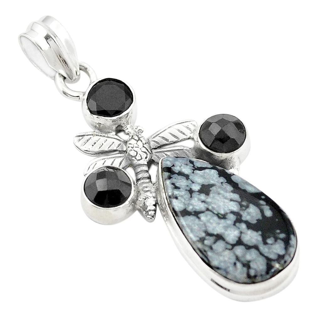 Natural black australian obsidian 925 silver dragonfly pendant m43564