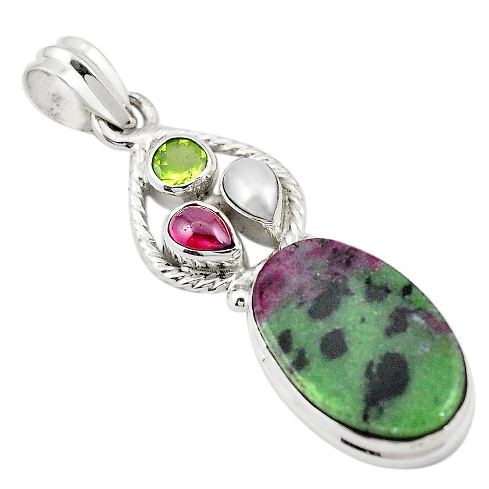 925 sterling silver natural pink ruby zoisite peridot pearl pendant m43565