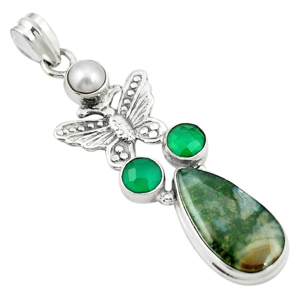 Natural green moss agate chalcedony 925 silver butterfly pendant m43570