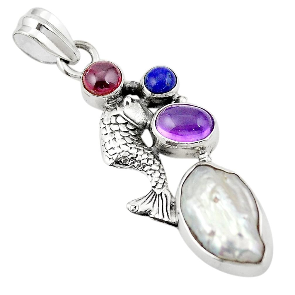 925 silver natural white biwa pearl amethyst fish pendant jewelry m43652