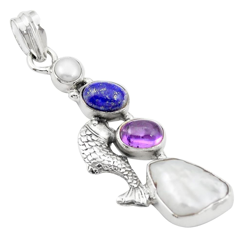 Natural white biwa pearl amethyst 925 silver fish pendant jewelry m43655