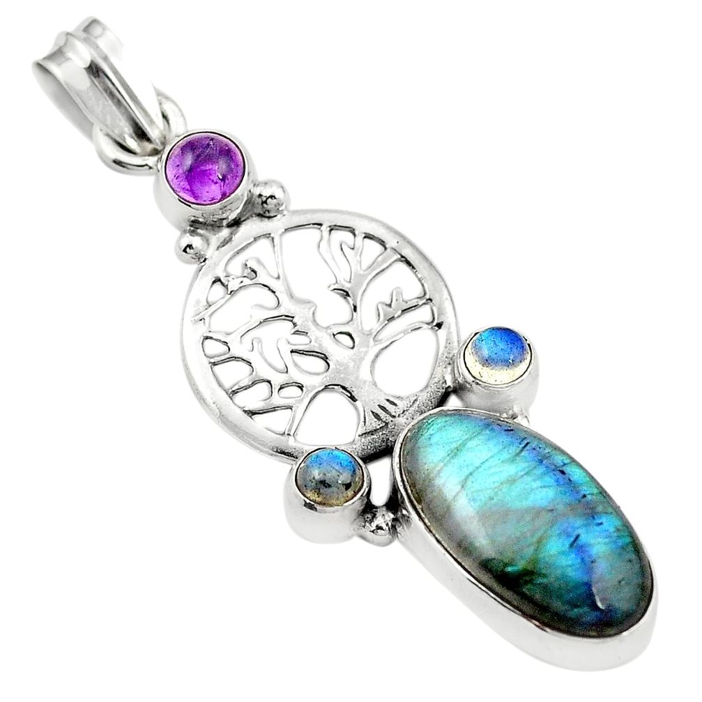 Natural blue labradorite amethyst 925 silver tree of life pendant m43661