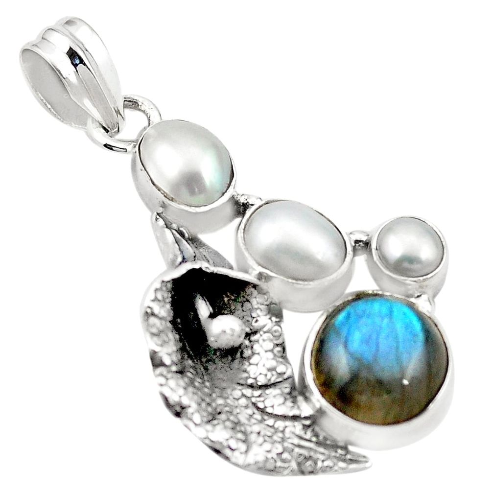 Natural blue labradorite pearl 925 silver deltoid leaf pendant m43671