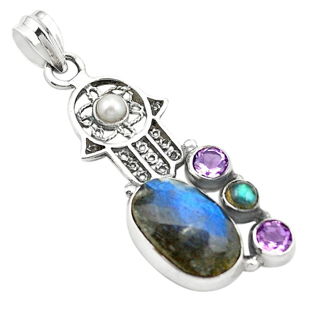 Natural blue labradorite 925 silver hand of god hamsa pendant jewelry m43680