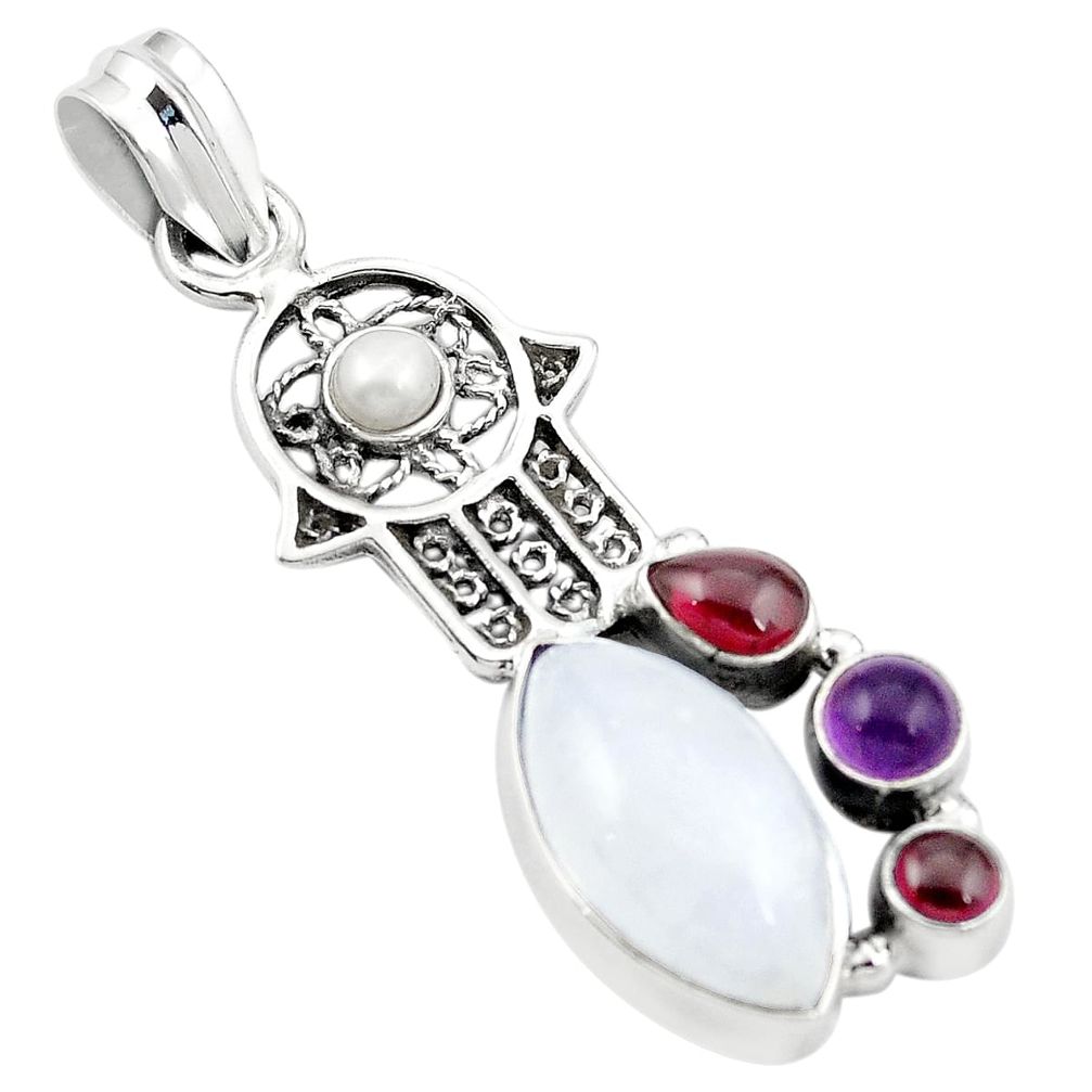 Natural rainbow moonstone 925 silver hand of god hamsa pendant m43702