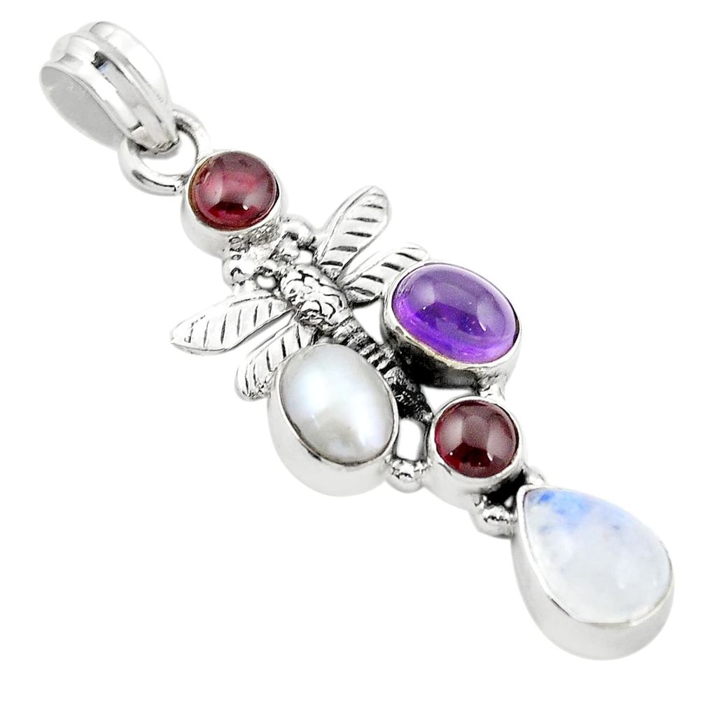 Natural rainbow moonstone garnet 925 silver dragonfly pendant jewelry m43710