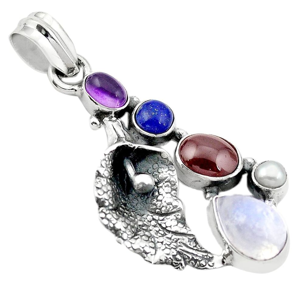 Natural rainbow moonstone garnet 925 silver deltoid leaf pendant m43715