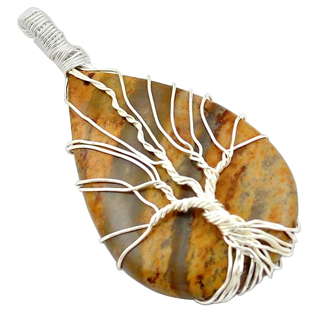 Natural brown picture jasper 925 silver tree of life pendant m44203