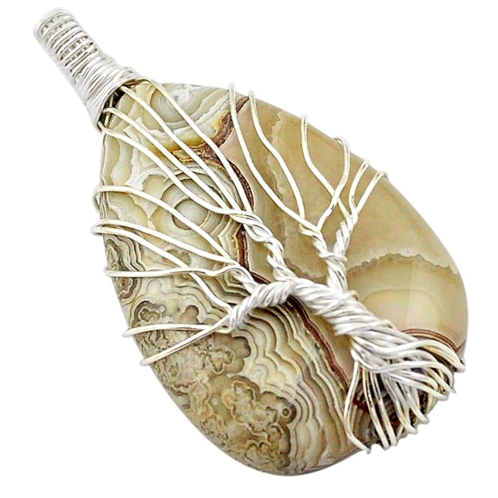 Natural mexican laguna lace agate 925 silver tree of life pendant m44228