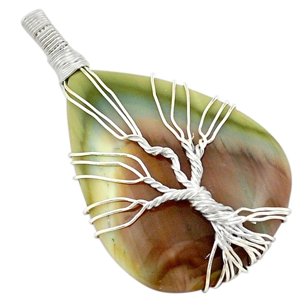 Natural green imperial jasper 925 silver tree of life pendant m44234