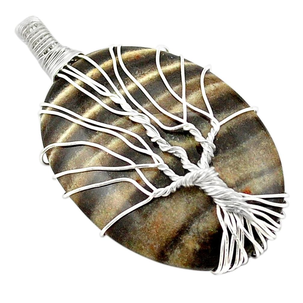 Natural grey striped flint ohio 925 silver tree of life pendant m44237