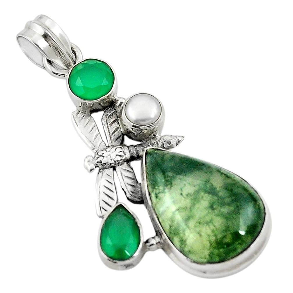 Natural green moss agate chalcedony 925 silver dragonfly pendant m44527