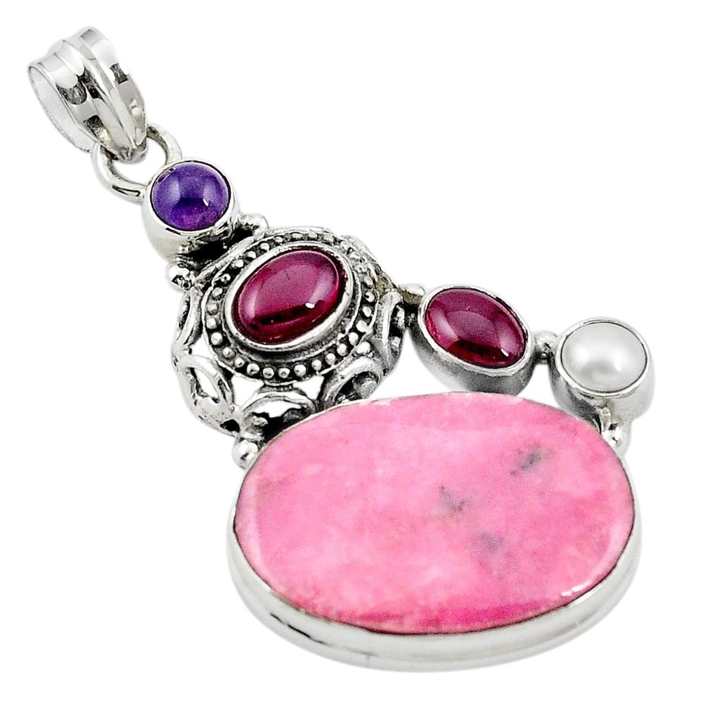 Natural pink rhodonite in black manganese 925 silver pendant m44531