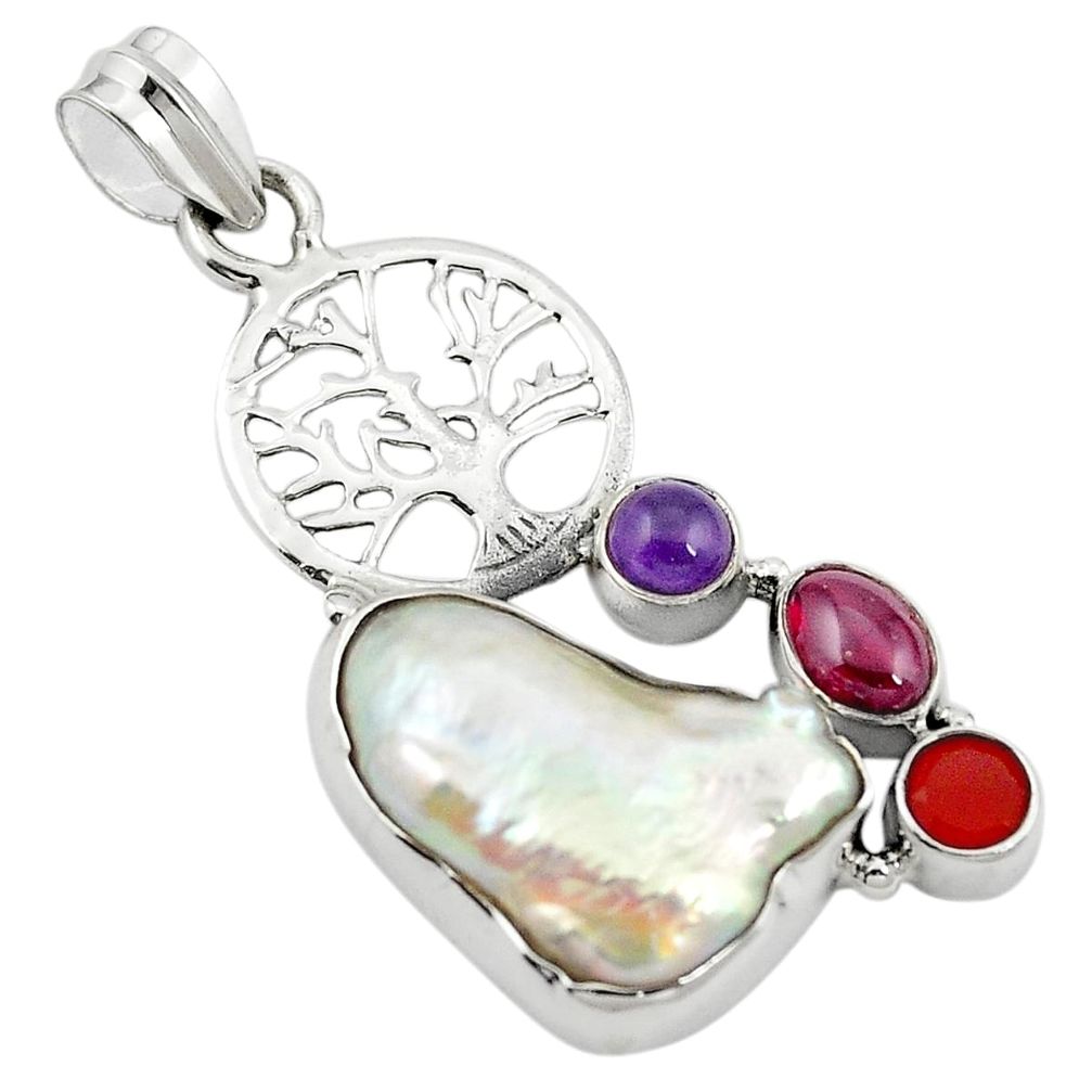 Natural white biwa pearl cornelian (carnelian) 925 silver pendant m44552