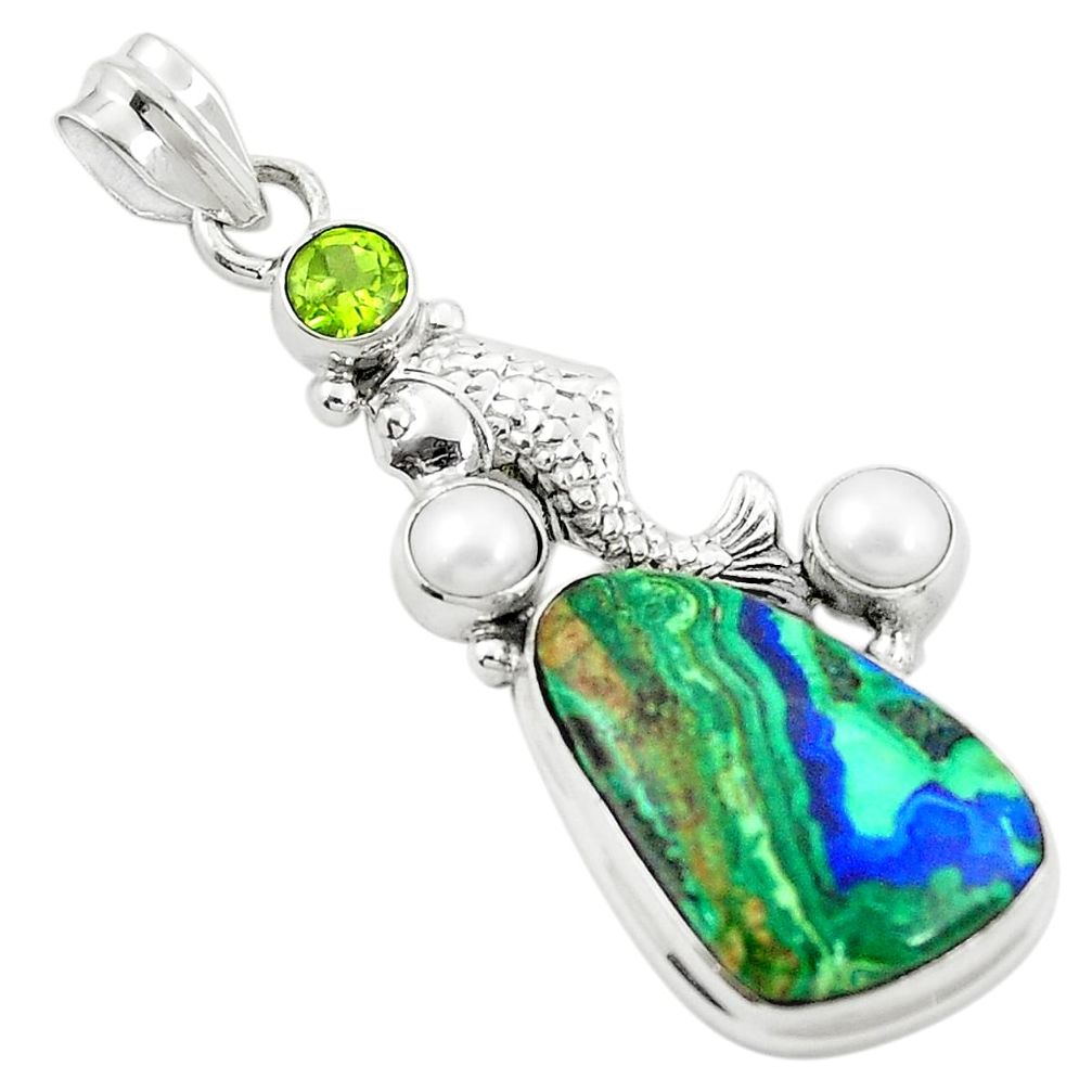 925 silver natural green azurite malachite peridot pearl fish pendant m45308