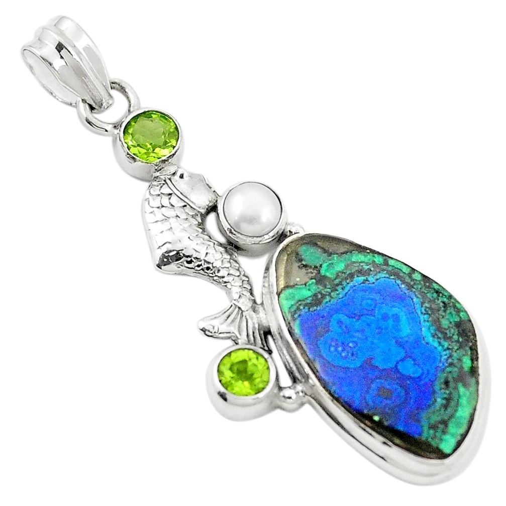 Natural green azurite malachite peridot pearl 925 silver fish pendant m45314