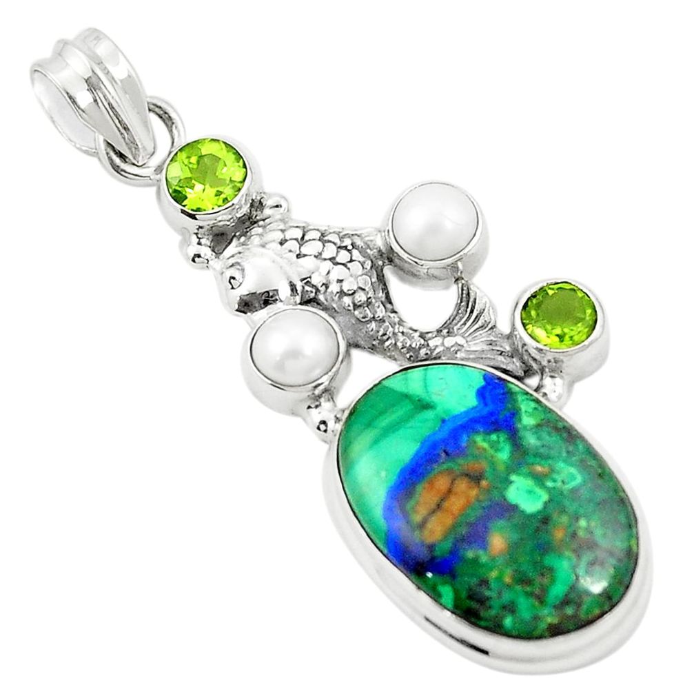 Natural green azurite malachite peridot pearl 925 silver fish pendant m45315