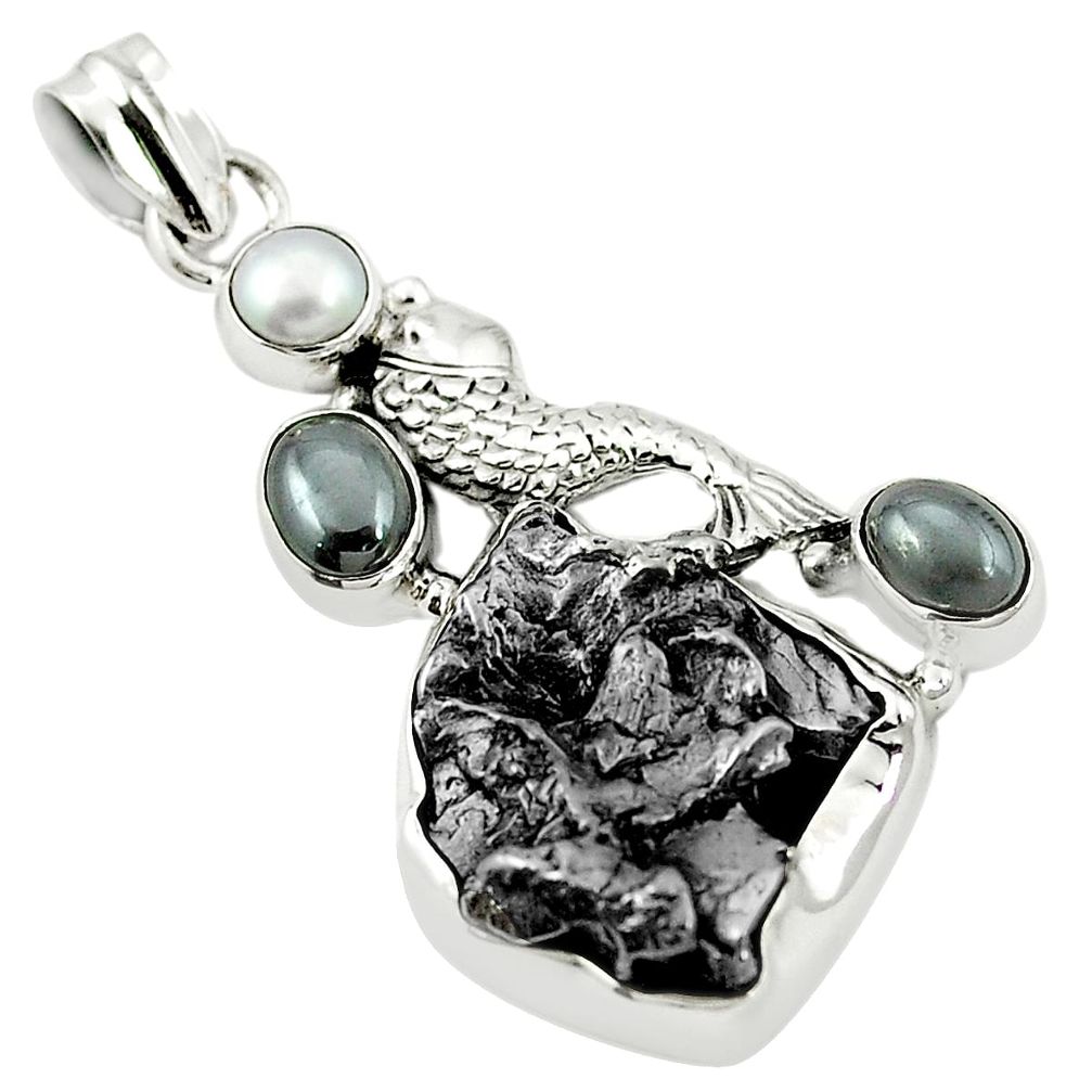 Natural campo del cielo (meteorite) pearl 925 silver fish pendant m45481