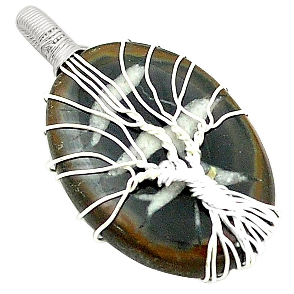 Natural brown septarian gonads 925 silver tree of life pendant m46822