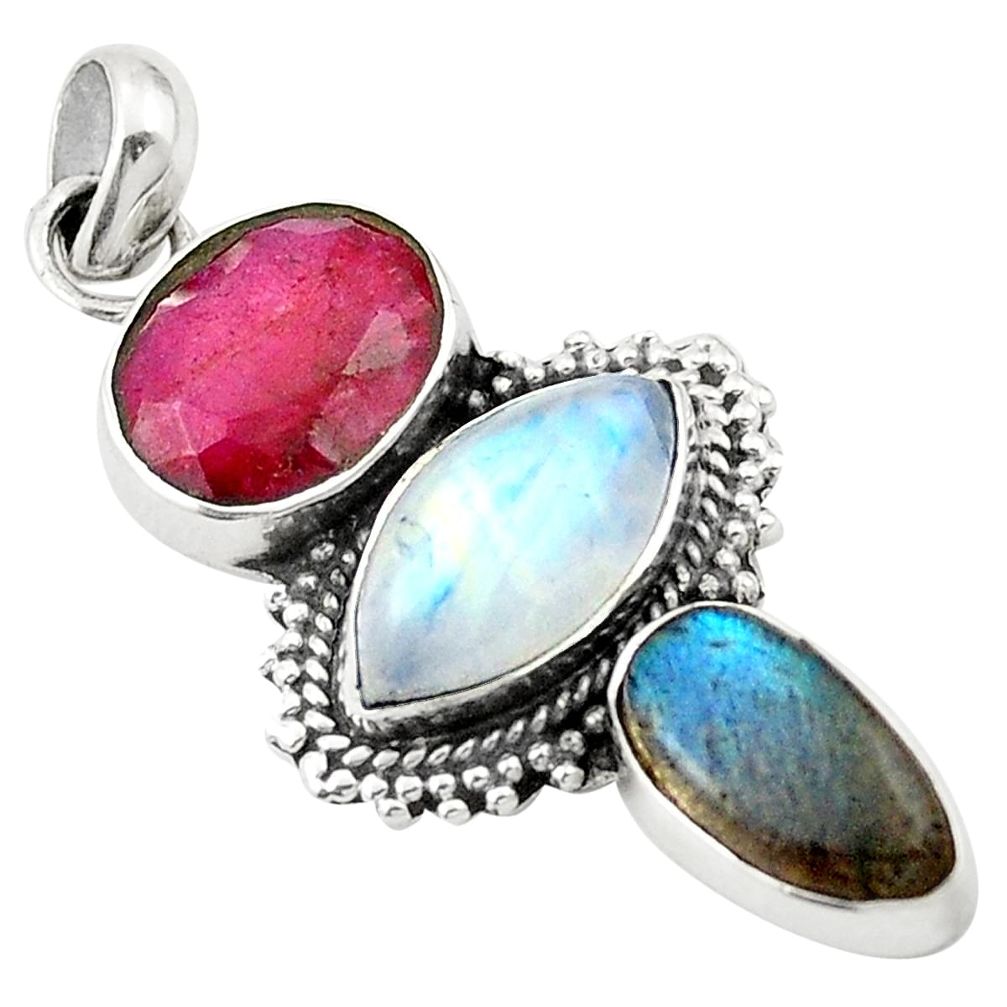 Natural red ruby labradorite 925 sterling silver pendant jewelry m47304