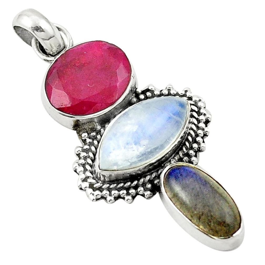 Natural red ruby labradorite 925 sterling silver pendant jewelry m47308