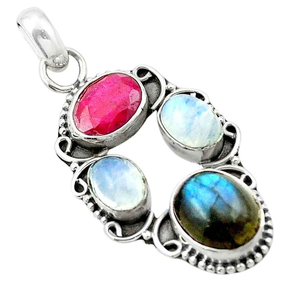 Natural red ruby labradorite 925 sterling silver pendant jewelry m47349