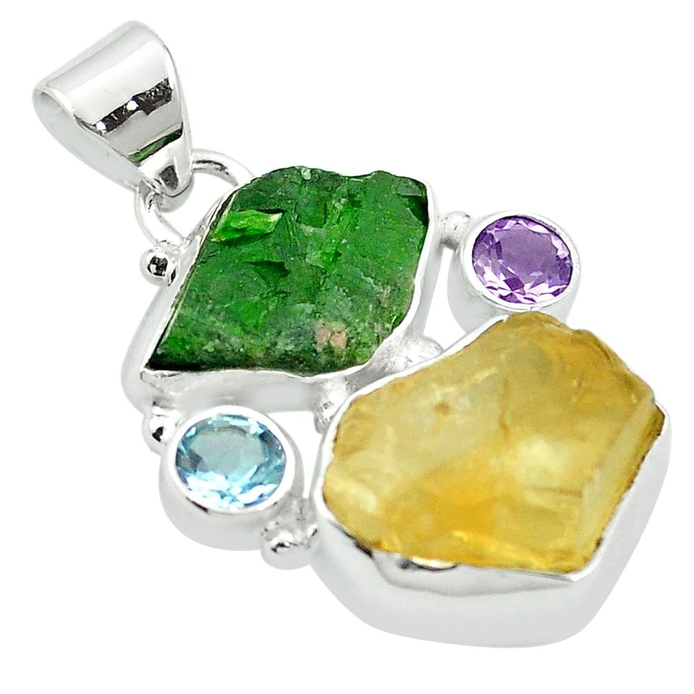 Yellow citrine rough chrome diopside 925 sterling silver pendant m47844