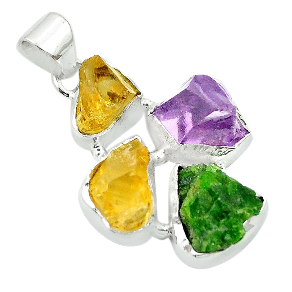 Yellow citrine rough chrome diopside 925 sterling silver pendant m47854