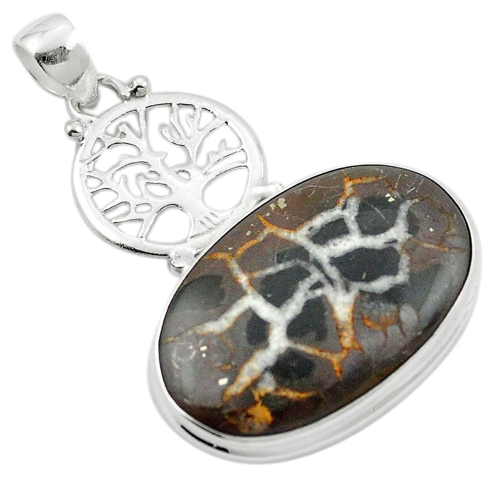 Natural black septarian gonads 925 silver tree of life pendant m47881