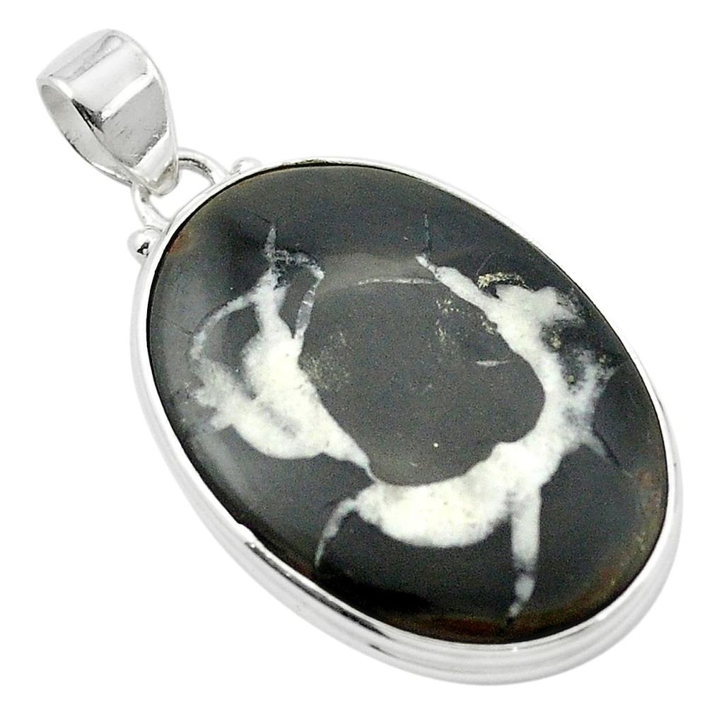 Natural black septarian gonads oval 925 sterling silver pendant m47885