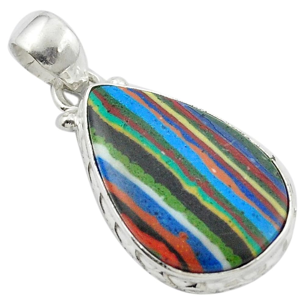 Natural multi color rainbow calsilica 925 sterling silver pendant m48036