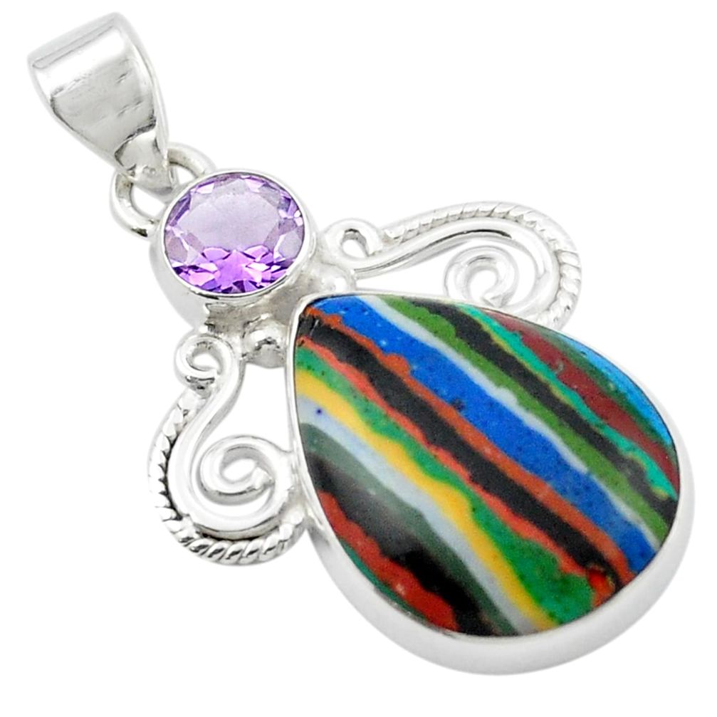 Natural multi color rainbow calsilica amethyst 925 silver pendant m48040