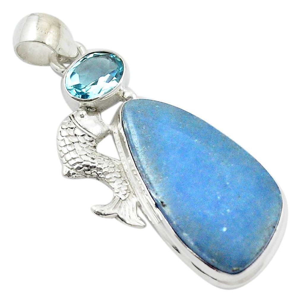 Natural blue angelite topaz 925 sterling silver fish pendant jewelry m48047