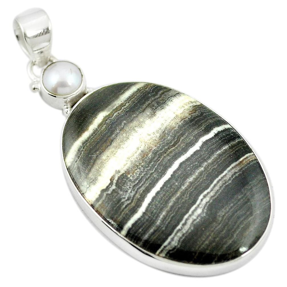 Natural black banded oil shale pearl 925 sterling silver pendant m48086