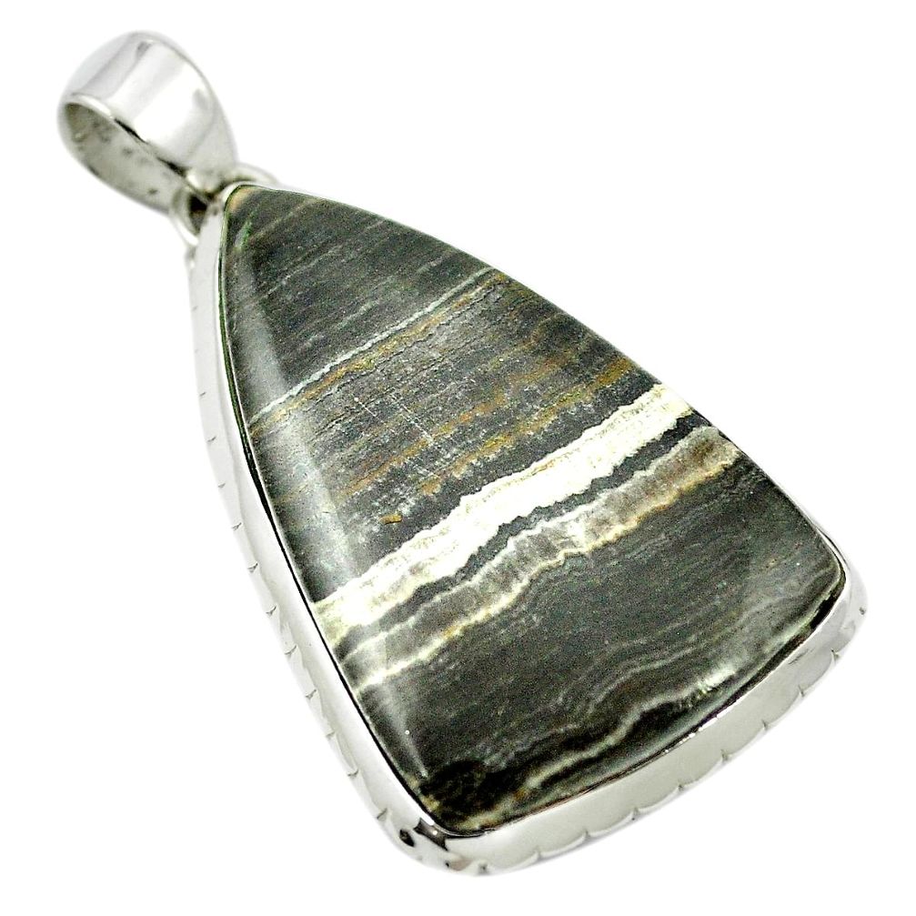 Natural black banded oil shale 925 sterling silver pendant m48093