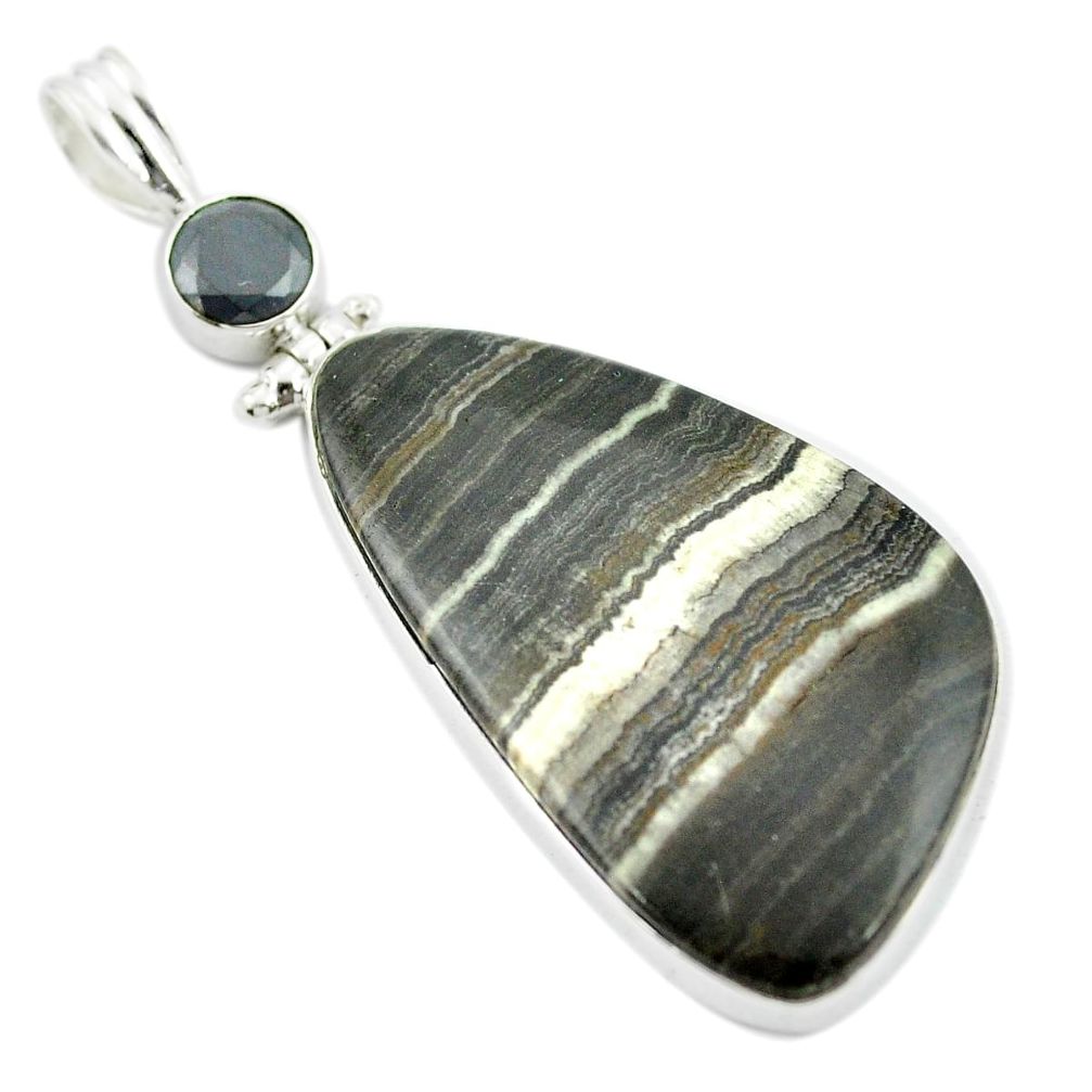 Natural black banded oil shale onyx 925 sterling silver pendant m48095