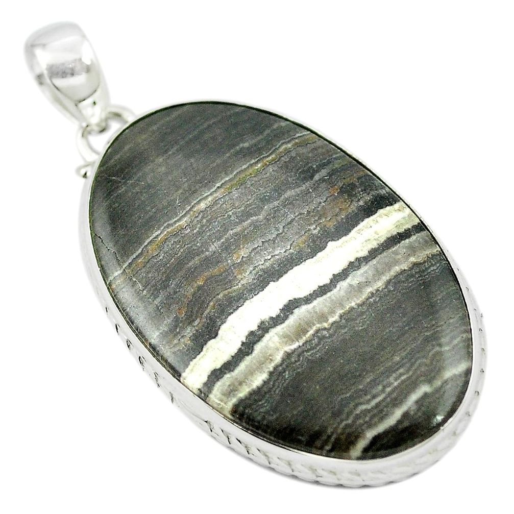 Natural black banded oil shale 925 sterling silver pendant m48097